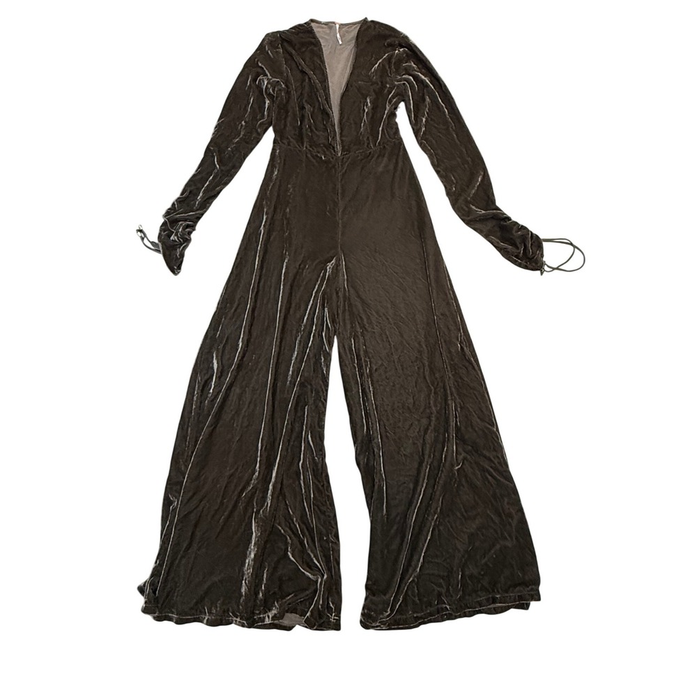 Free People Olive Green Velvet Wide Leg Jumpsuit Deep V-Neck Long Sleeve Small